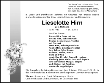 Traueranzeige von Lieselotte Hirn von Südthüringer Presse