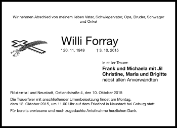 Traueranzeige von Willi Forray von Neue Presse Coburg