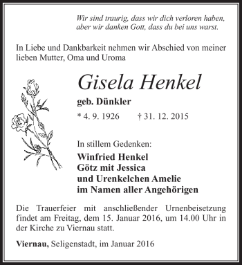 Traueranzeige von Gisela Henkel von Südthüringer Presse
