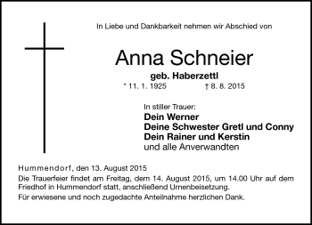 Traueranzeige von Anna Schneier von Neue Presse Coburg