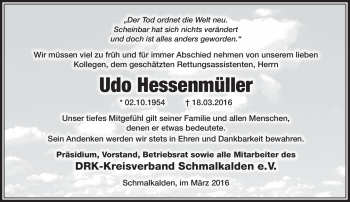 Traueranzeige von Udo Hessenmüller von Südthüringer Presse