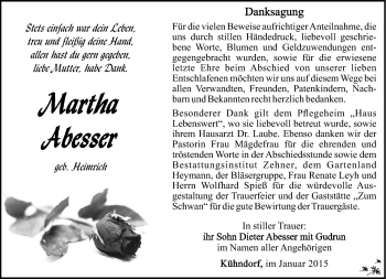Traueranzeige von Martha Abesser von Südthüringer Presse
