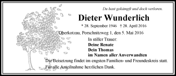 Traueranzeige von Dieter Wunderlich von Frankenpost