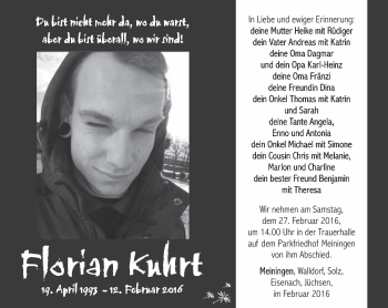 Traueranzeige von Florian Kuhrt von Südthüringer Presse
