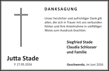 Traueranzeige von Jutta Stade von Südthüringer Presse