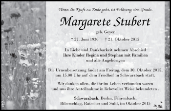 Traueranzeige von Margarete Stubert von Südthüringer Presse