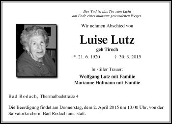 Traueranzeige von Luise Lutz von Neue Presse Coburg