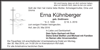 Traueranzeige von Erna Kühnberger von Frankenpost