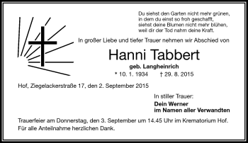 Traueranzeige von Hanni Tabbert von Frankenpost