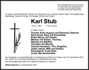 Traueranzeige von Karl Stub von Südthüringer Presse