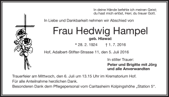 Traueranzeige von Hedwig Hampel von Frankenpost