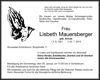 Traueranzeige von Lisbeth Mauersberger von Frankenpost