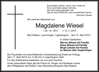 Traueranzeige von Magdalene Wiesel von Frankenpost