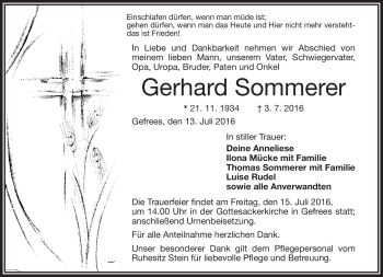 Traueranzeige von Gerhard Sommerer von Frankenpost