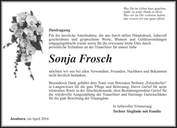 Traueranzeige von Sonja Frosch von Südthüringer Presse