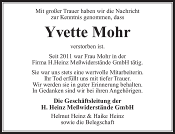 Traueranzeige von Yvette Mohr von Südthüringer Presse