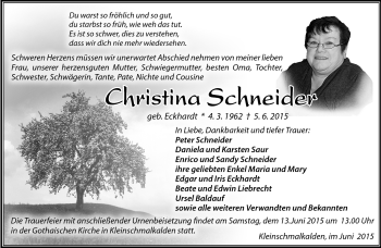 Traueranzeige von Christina Schneider von Südthüringer Presse
