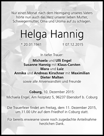 Traueranzeige von Helga Hannig von Neue Presse Coburg