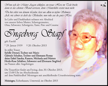 Traueranzeige von Ingeborg Stapf von Südthüringer Presse