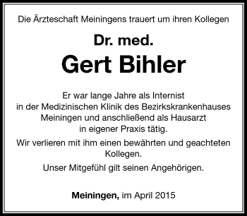 Traueranzeige von Gert Bihler von Südthüringer Presse