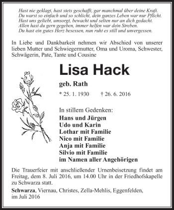 Traueranzeige von Lisa Hack von Südthüringer Presse