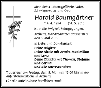 Traueranzeige von Harald Baumgärtner von Frankenpost