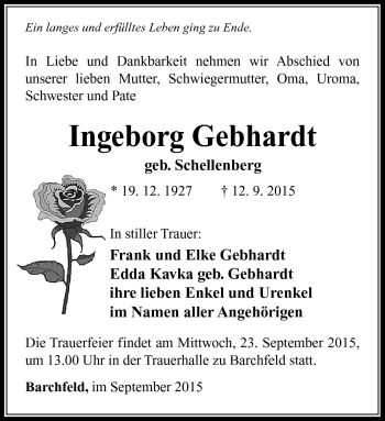 Traueranzeige von Ingeborg Gebhardt von Südthüringer Presse