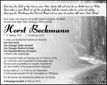 Traueranzeige von Horst Beckmann von Südthüringer Presse