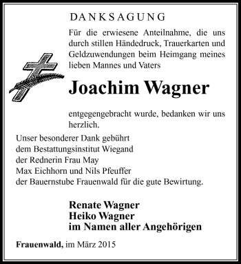 Traueranzeige von Joachim Wagner von Südthüringer Presse
