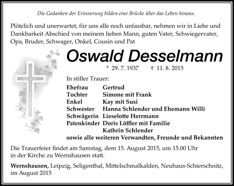  Traueranzeige für Oswald Desselmann vom 13.08.2015 aus Südthüringer Presse