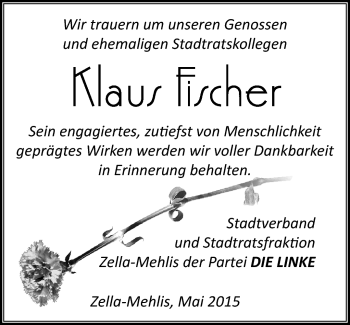Traueranzeige von Klaus Fischer von Südthüringer Presse