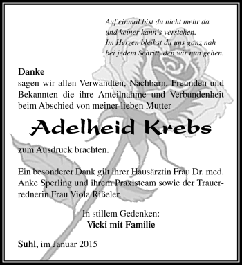 Traueranzeige von Adelheid Krebs von Südthüringer Presse