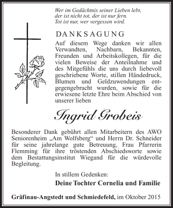 Traueranzeige von Ingrid Grobeis von Südthüringer Presse