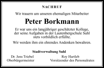 Traueranzeige von Peter Borkmann von Südthüringer Presse