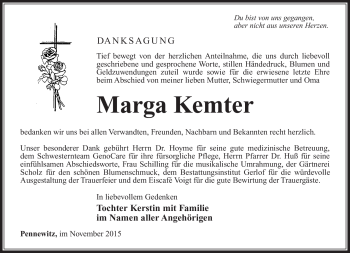 Traueranzeige von Marga Kemter von Südthüringer Presse