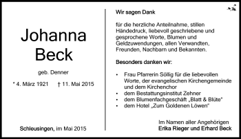 Traueranzeige von Johanna Beck von Südthüringer Presse