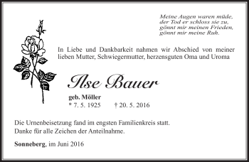 Traueranzeige von Ilse Bauer von Südthüringer Presse