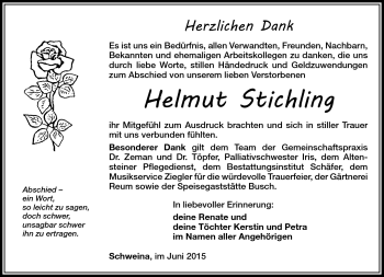 Traueranzeige von Helmut Stichling von Südthüringer Presse