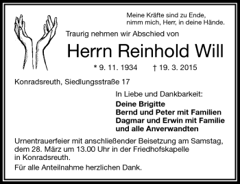 Traueranzeige von Reinhold Will von Frankenpost