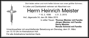 Traueranzeige von Heinrich Meister von Frankenpost