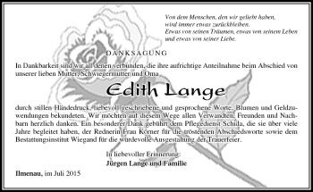 Traueranzeige von Edith Lange von Südthüringer Presse