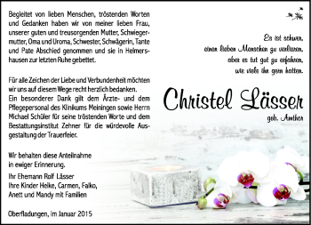 Traueranzeige von Christel Lässer von Südthüringer Presse