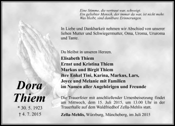 Traueranzeige von Dora Thiem von Südthüringer Presse
