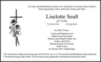 Traueranzeige von Liselotte Seuß von Frankenpost