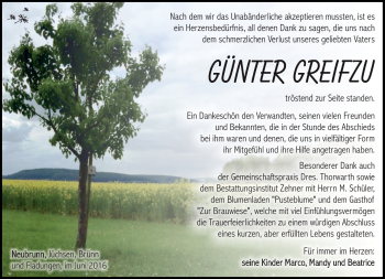 Traueranzeige von Günter Greifzu von Südthüringer Presse