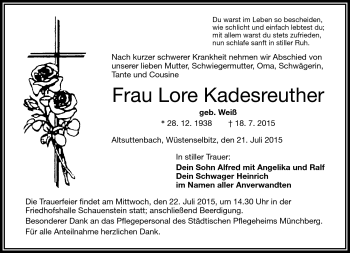 Traueranzeige von Lore Kadesreuther von Frankenpost