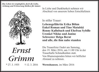 Traueranzeige von Ernst Grimm von Südthüringer Presse