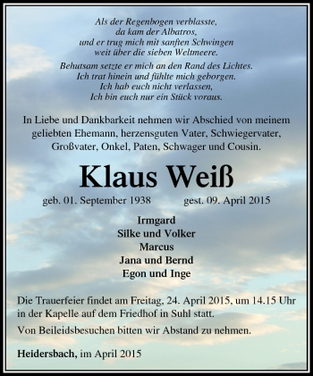 Traueranzeige von Klaus Weiß von Südthüringer Presse