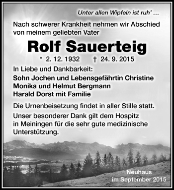 Traueranzeige von Rolf Sauerteig von Südthüringer Presse