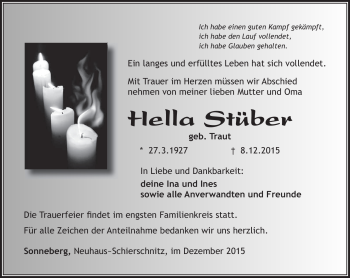 Traueranzeige von Hella Stüber von Südthüringer Presse